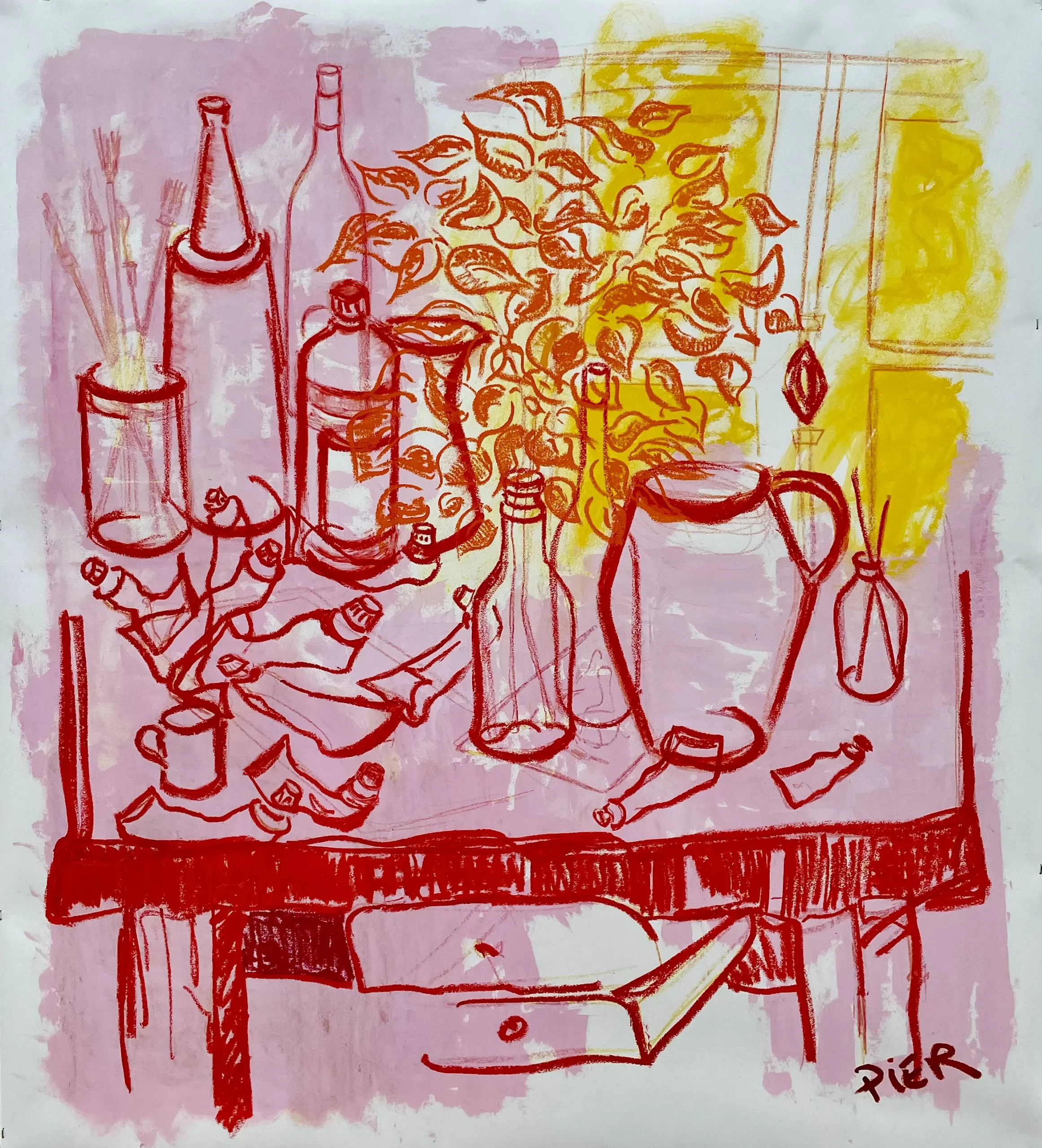 Table d'atelier devant la fenêtre 1||120 x 134 cm||Technique mixte sur papier||Pier||Disponible