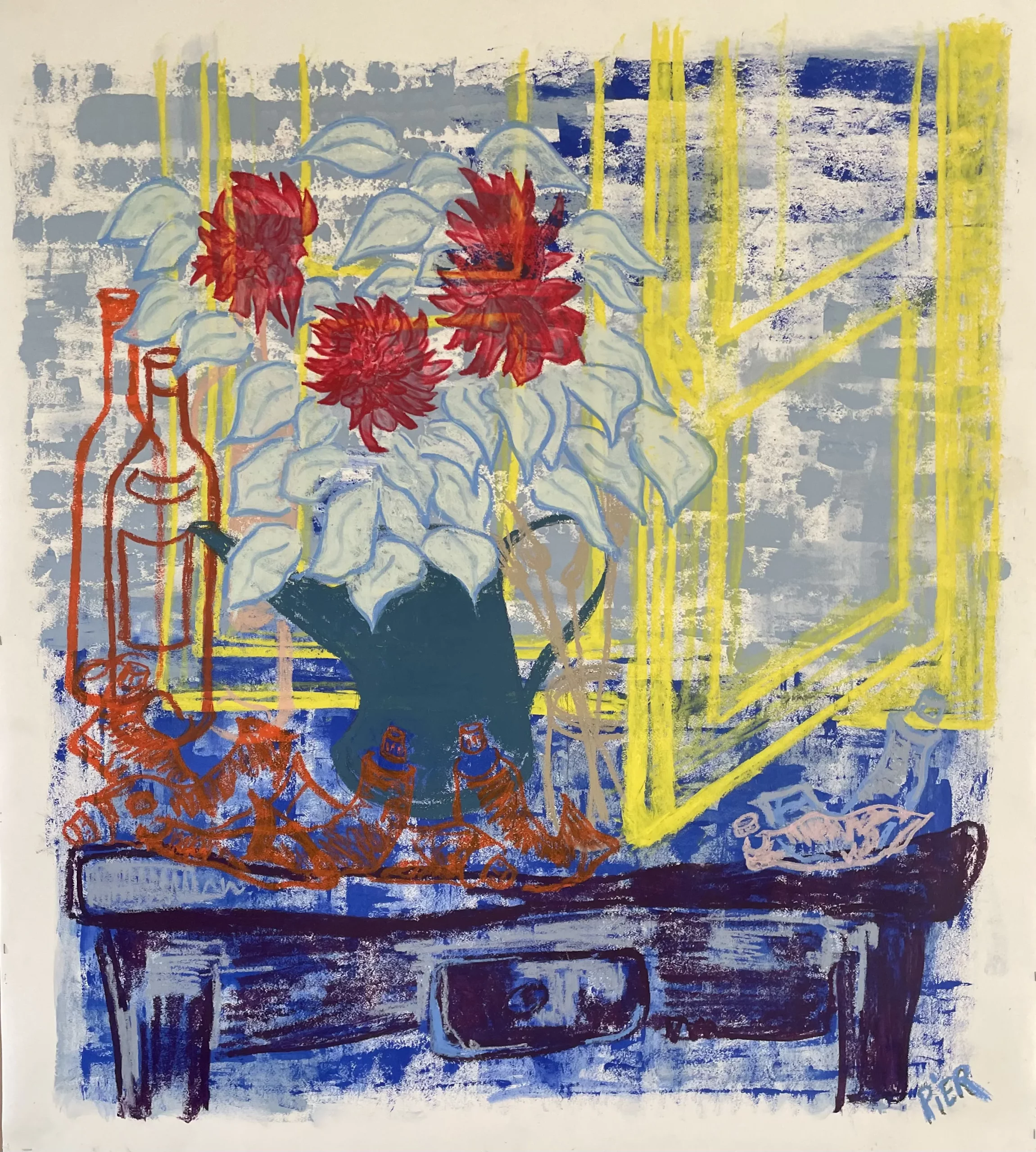 03_1_Série -Table d'atelier, devant la fenêtre#3- titre -Les dahlias- 120x134 cm